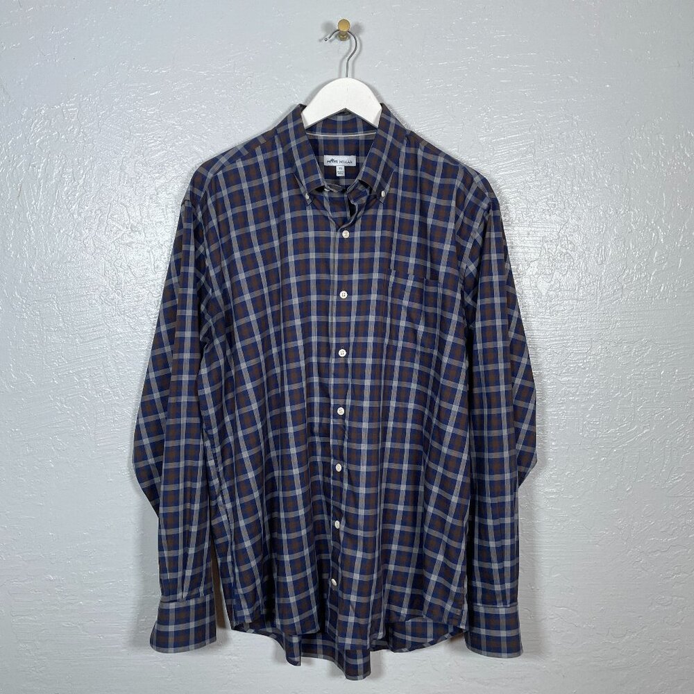 Peter Millar Men XL Blue Brown Crown Ease Patton Sport Shirt Button Down Stretch